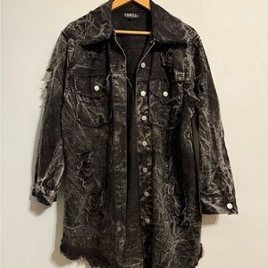 Thrill NYC Distressed Black Denim Jacket Grunge Punk Lightweight Coat